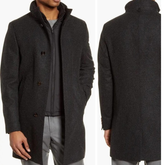 Ted Baker Margate Funnel Neck Coat Wool Blend w/ Removable Inset Bib in Charcoal - Picture 2 of 16
